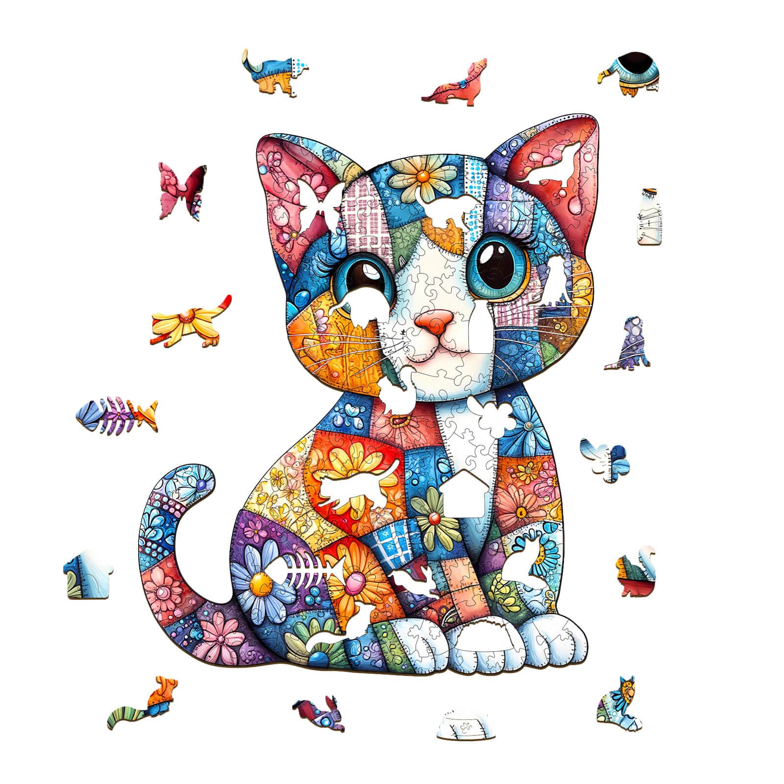 Whimsical Wooden Jigsaw Puzzle - Patchwork Cat - pickApuzzle