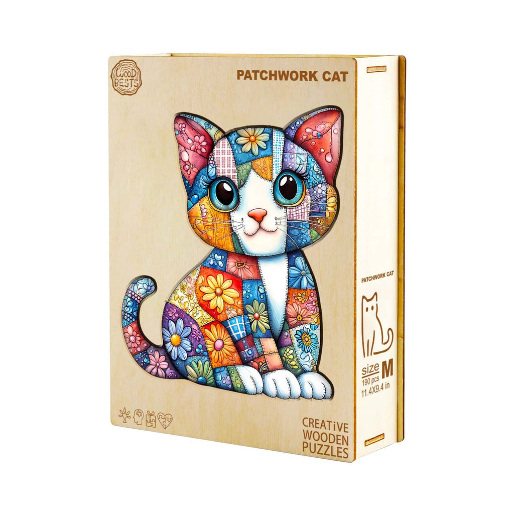 Whimsical Wooden Jigsaw Puzzle - Patchwork Cat - pickApuzzle