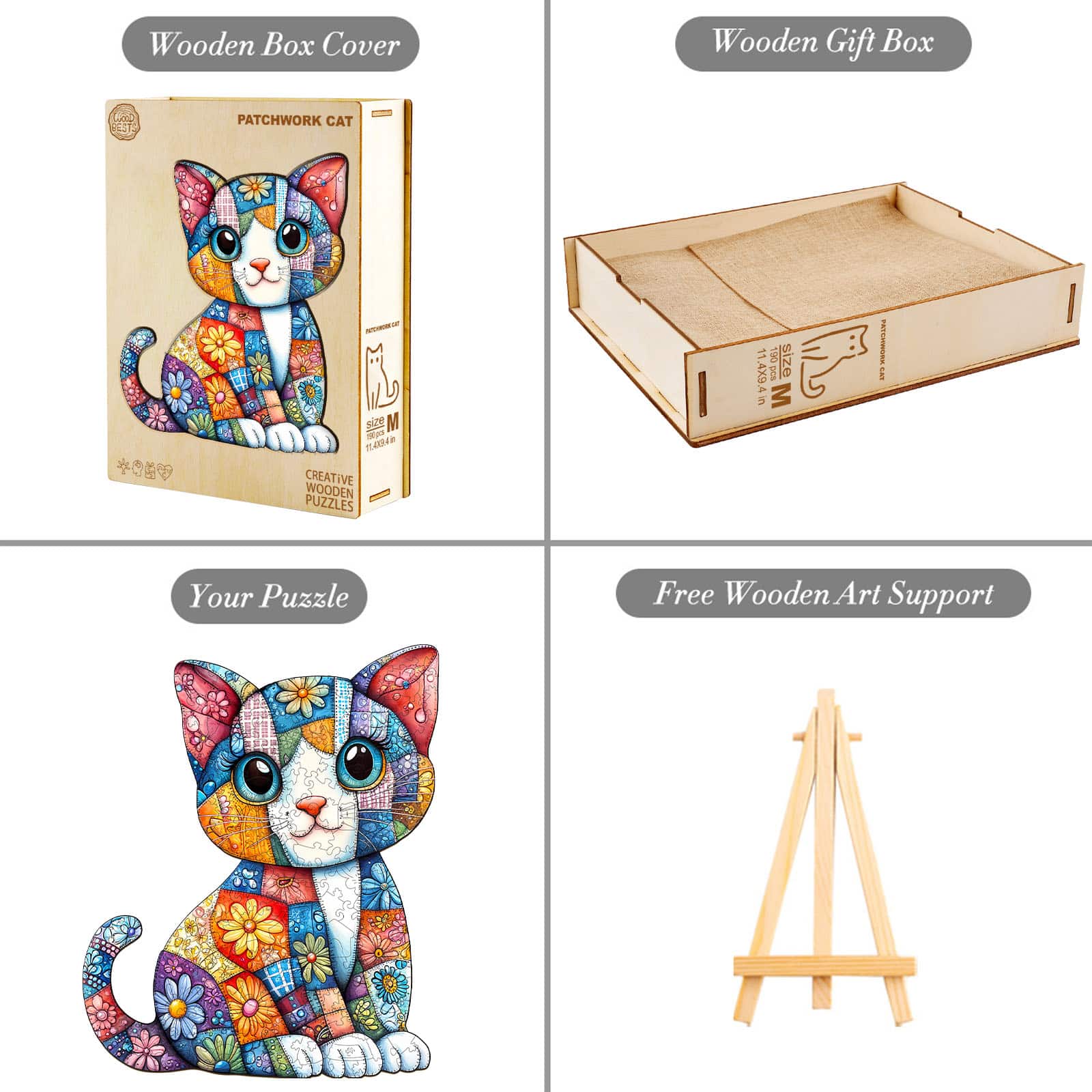 Whimsical Wooden Jigsaw Puzzle - Patchwork Cat - pickApuzzle