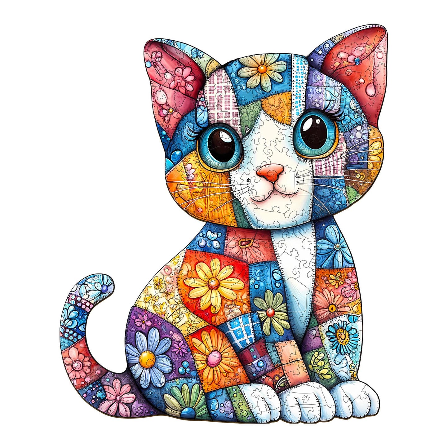 Whimsical Wooden Jigsaw Puzzle - Patchwork Cat - pickApuzzle