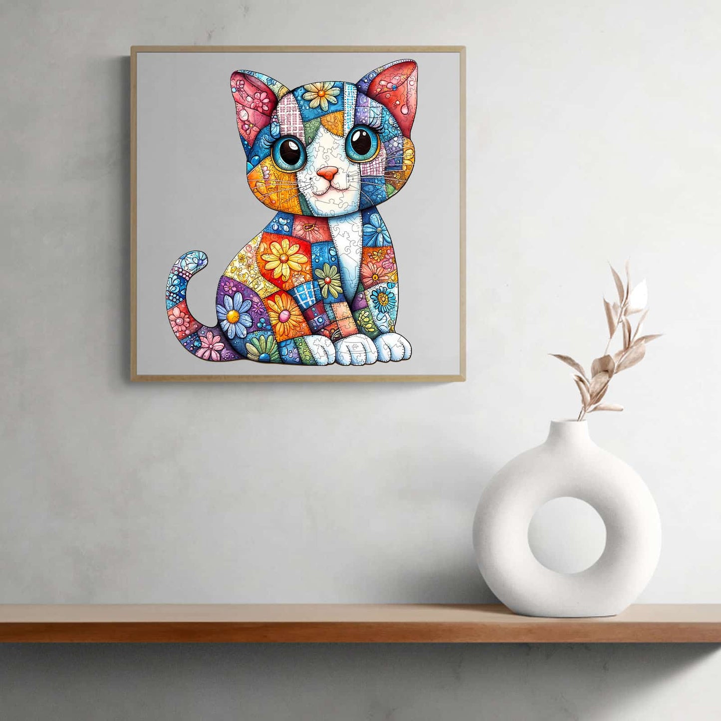 Whimsical Wooden Jigsaw Puzzle - Patchwork Cat - pickApuzzle