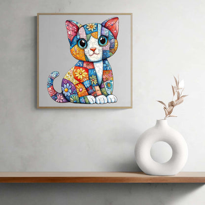 Whimsical Wooden Jigsaw Puzzle - Patchwork Cat - pickApuzzle