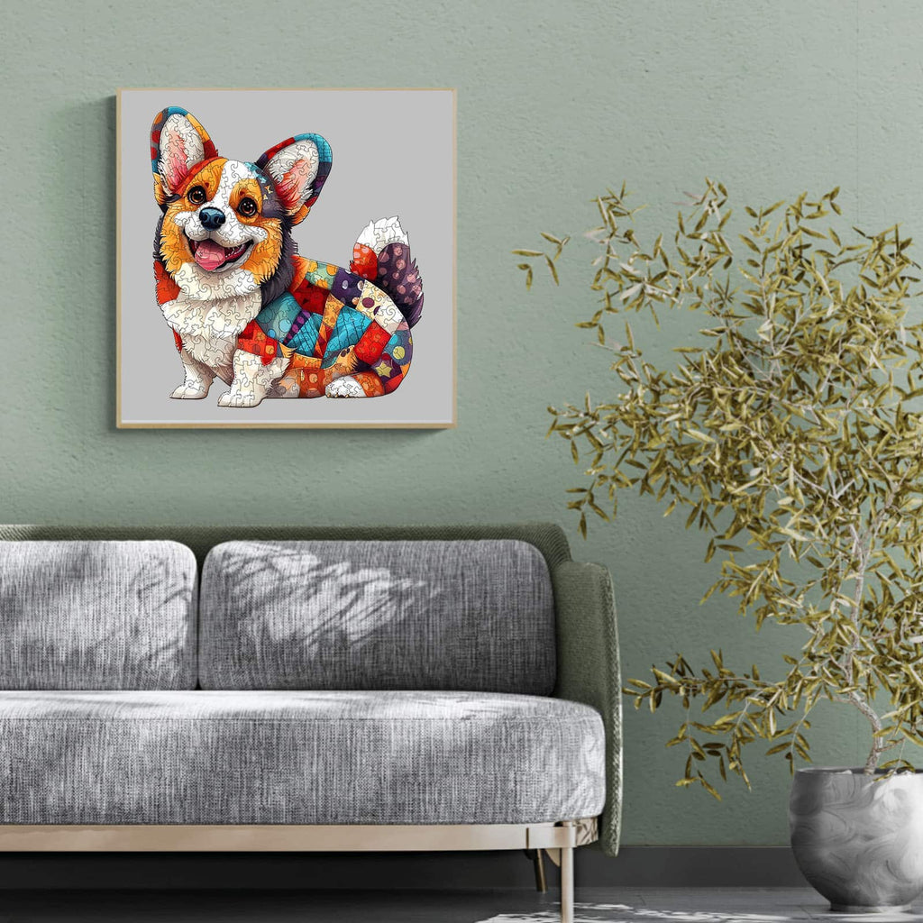 Whimsical Wooden Jigsaw Puzzle - Patchwork Corgi - pickApuzzle