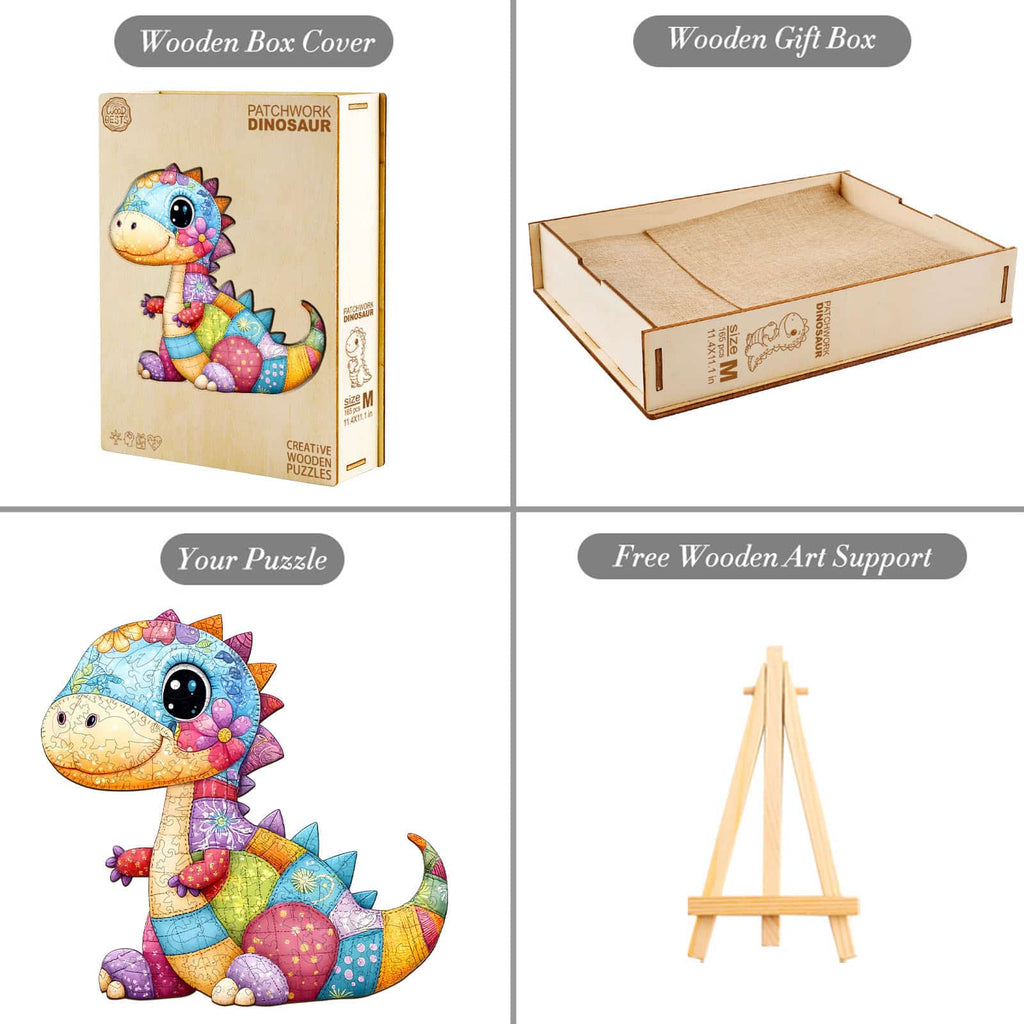 Whimsical Wooden Jigsaw Puzzle - Patchwork Dinosaur - pickApuzzle