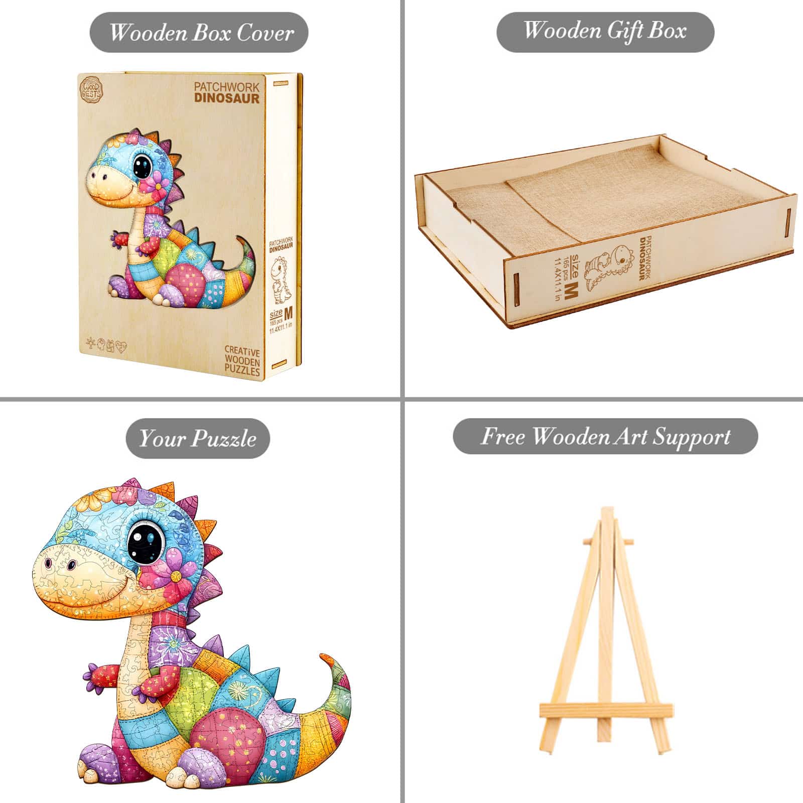 Whimsical Wooden Jigsaw Puzzle - Patchwork Dinosaur - pickApuzzle