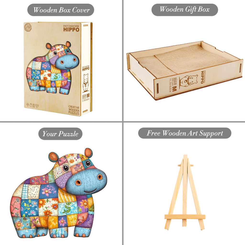 Whimsical Wooden Jigsaw Puzzle - Patchwork Hippo - pickApuzzle