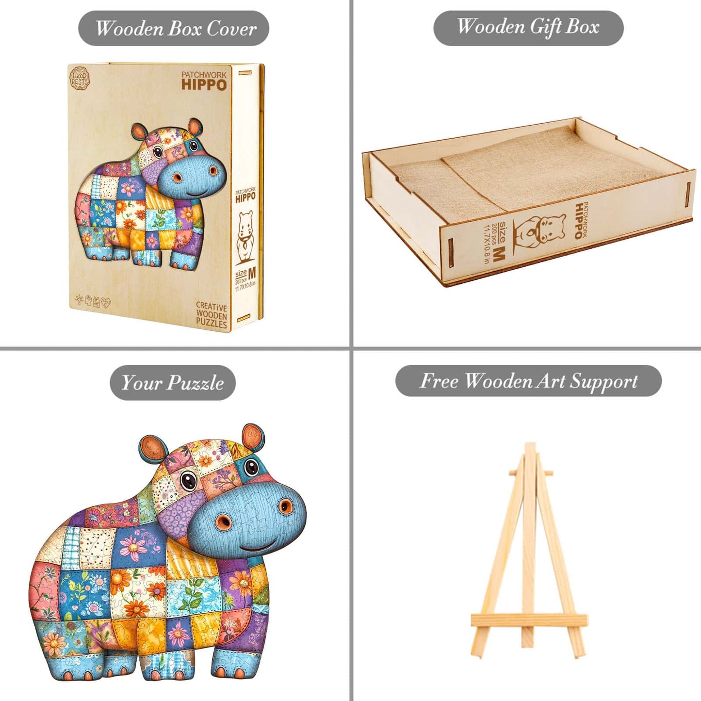 Whimsical Wooden Jigsaw Puzzle - Patchwork Hippo - pickApuzzle