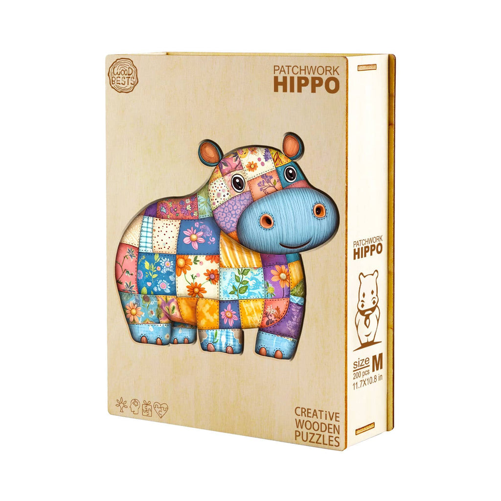 Whimsical Wooden Jigsaw Puzzle - Patchwork Hippo - pickApuzzle