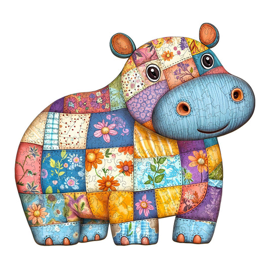 Whimsical Wooden Jigsaw Puzzle - Patchwork Hippo - pickApuzzle