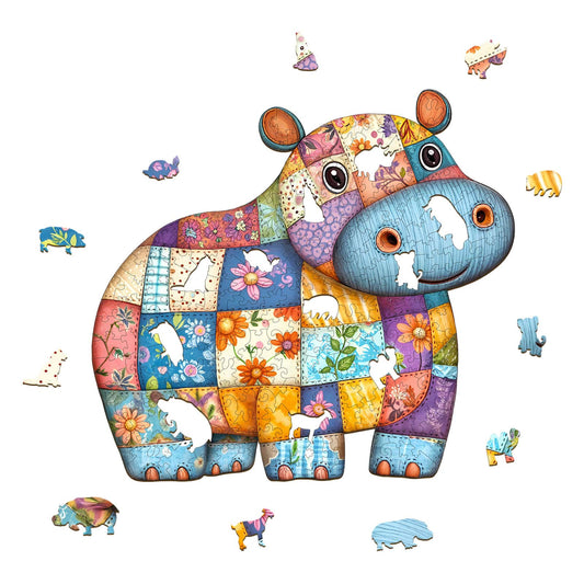 Whimsical Wooden Jigsaw Puzzle - Patchwork Hippo - pickApuzzle