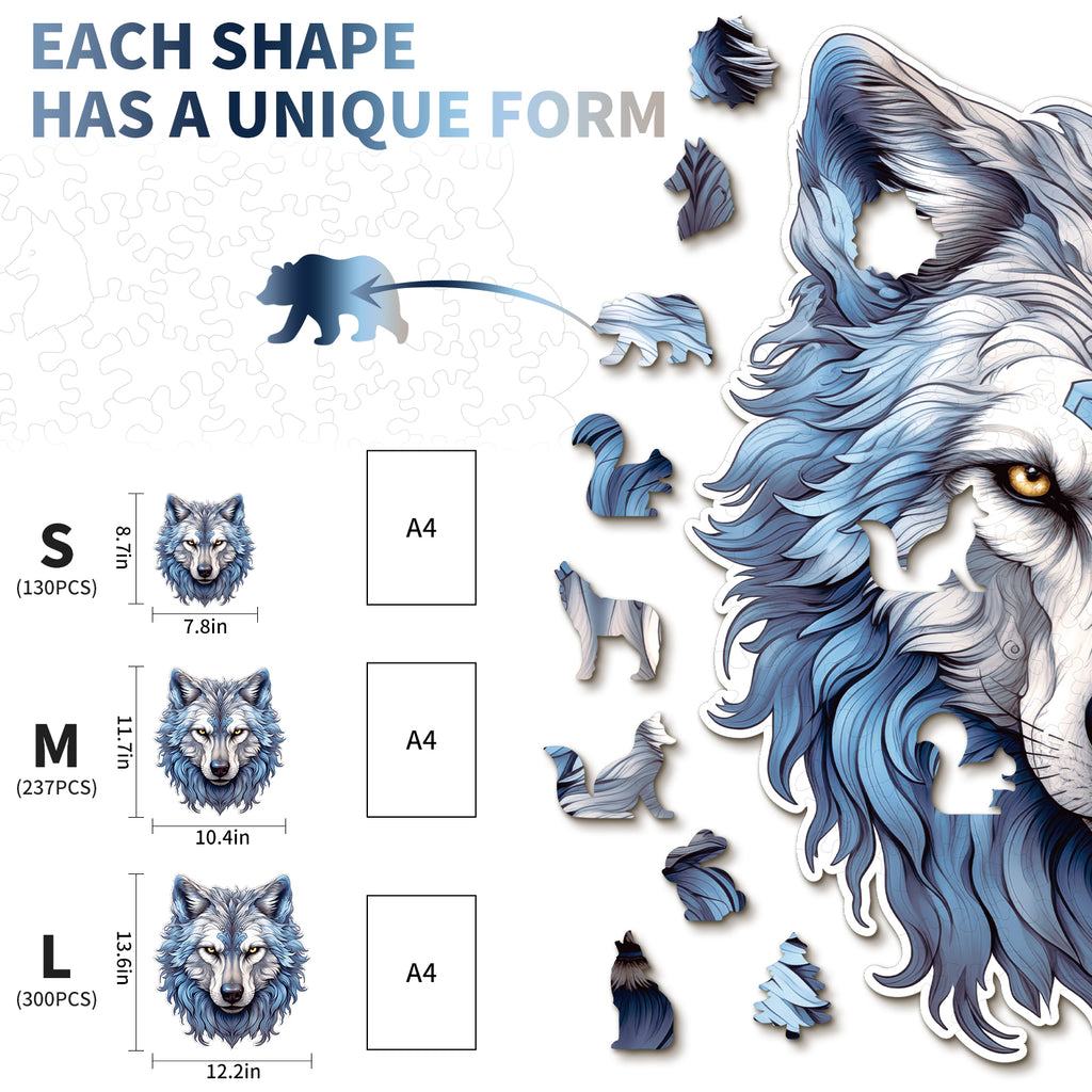Whimsical Wooden Jigsaw Puzzle - Resolute Snow Wolf - pickApuzzle