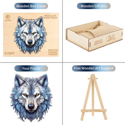 Whimsical Wooden Jigsaw Puzzle - Resolute Snow Wolf - pickApuzzle