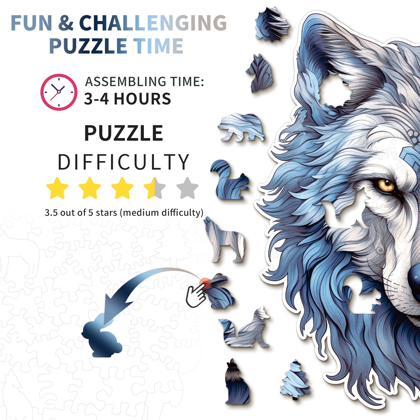 Whimsical Wooden Jigsaw Puzzle - Resolute Snow Wolf - pickApuzzle