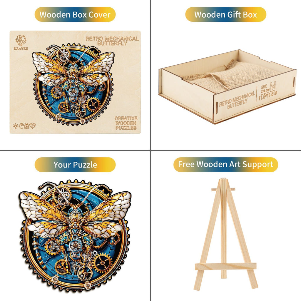 Whimsical Wooden Jigsaw Puzzle - Retro Mechanical Butterfly - pickApuzzle
