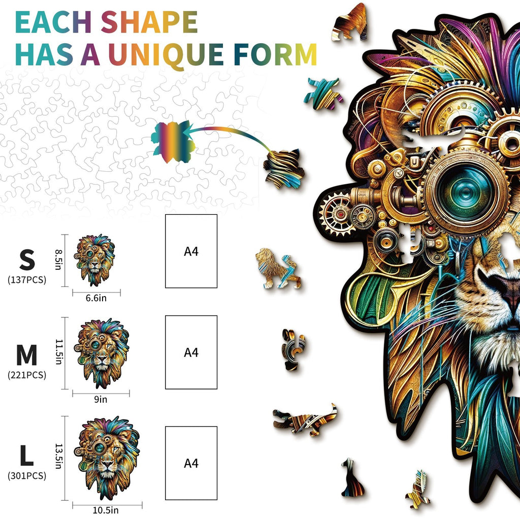 Whimsical Wooden Jigsaw Puzzle - Retro Mechanical Lion - pickApuzzle