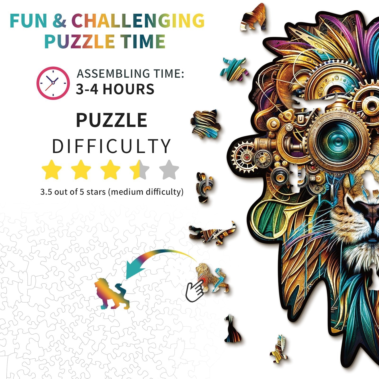 Whimsical Wooden Jigsaw Puzzle - Retro Mechanical Lion - pickApuzzle