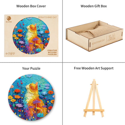 Whimsical Wooden Jigsaw Puzzle - Scratching Cat - pickApuzzle