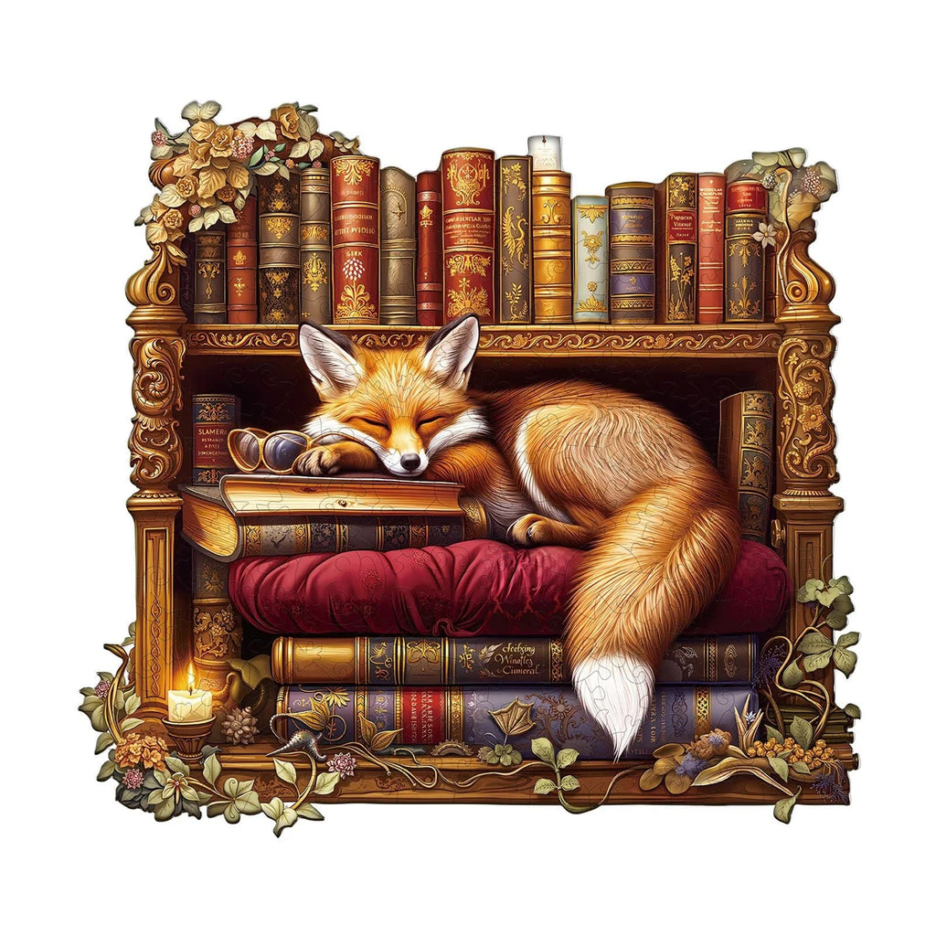 Whimsical Wooden Jigsaw Puzzle- Sleep Library-Fox
