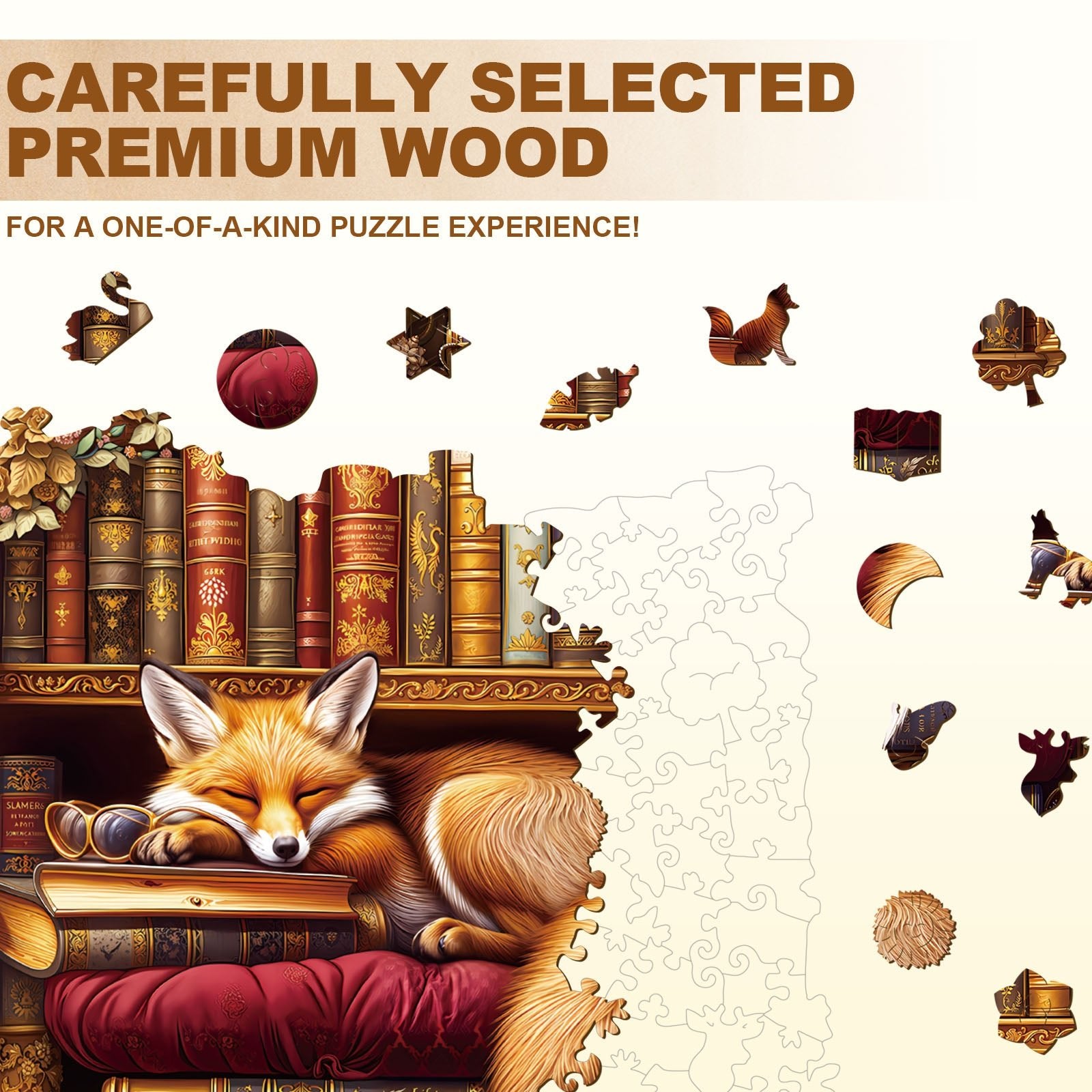 Whimsical Wooden Jigsaw Puzzle - Sleep Library - Fox - pickApuzzle
