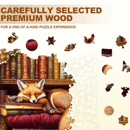Whimsical Wooden Jigsaw Puzzle - Sleep Library - Fox - pickApuzzle