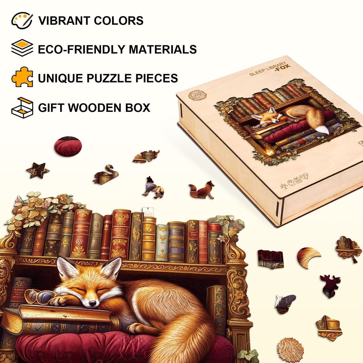 Whimsical Wooden Jigsaw Puzzle - Sleep Library - Fox - pickApuzzle