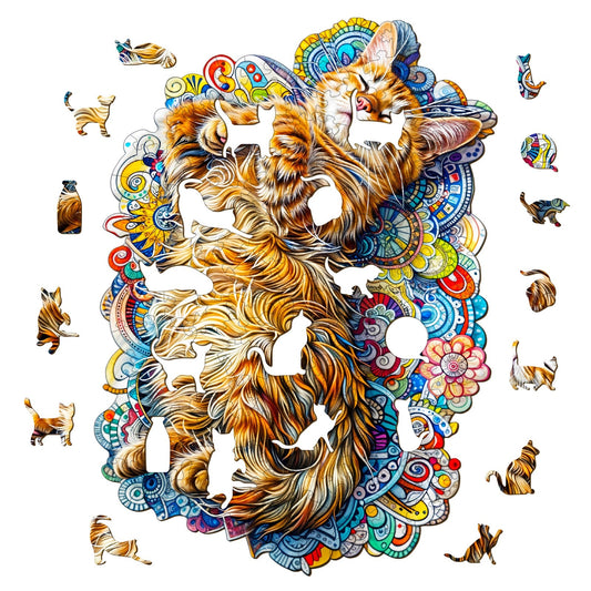 Whimsical Wooden Jigsaw Puzzle - Sleeping Cat - pickApuzzle