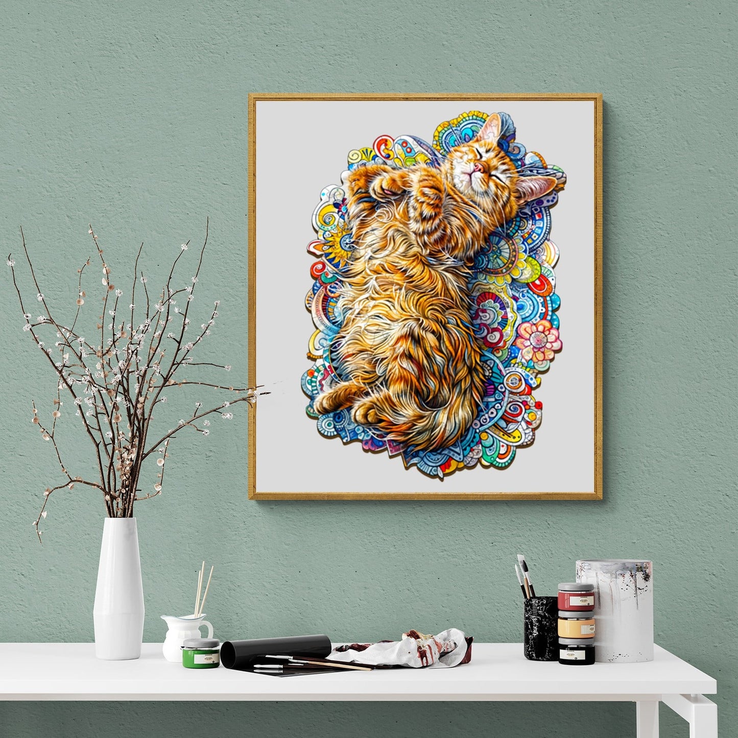 Whimsical Wooden Jigsaw Puzzle - Sleeping Cat - pickApuzzle