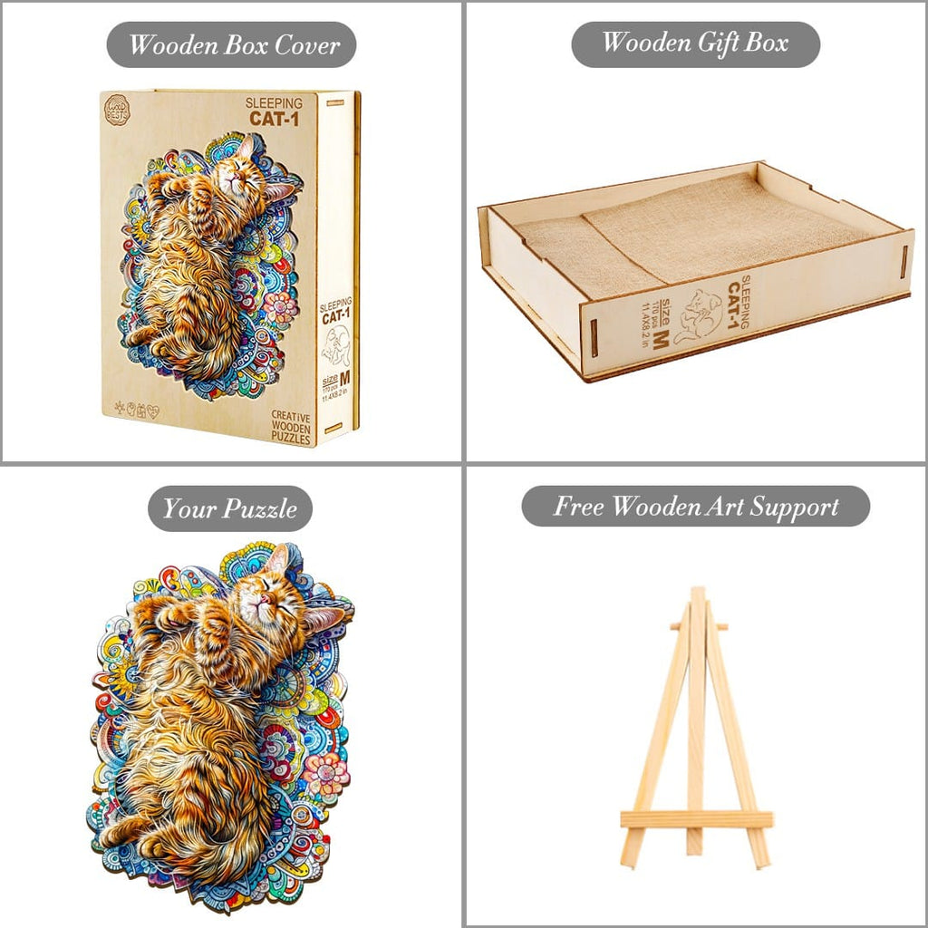 Whimsical Wooden Jigsaw Puzzle - Sleeping Cat - pickApuzzle