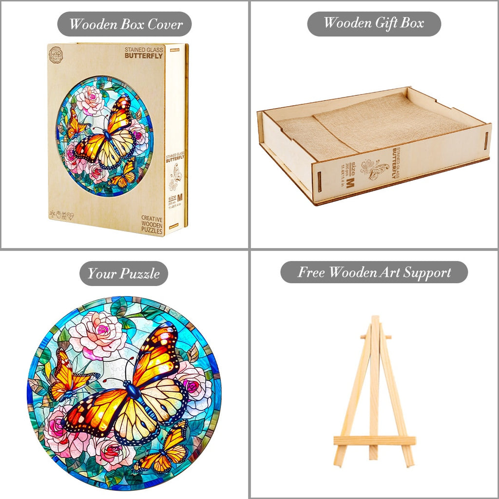 Whimsical Wooden Jigsaw Puzzle-Stained Glass Butterfly