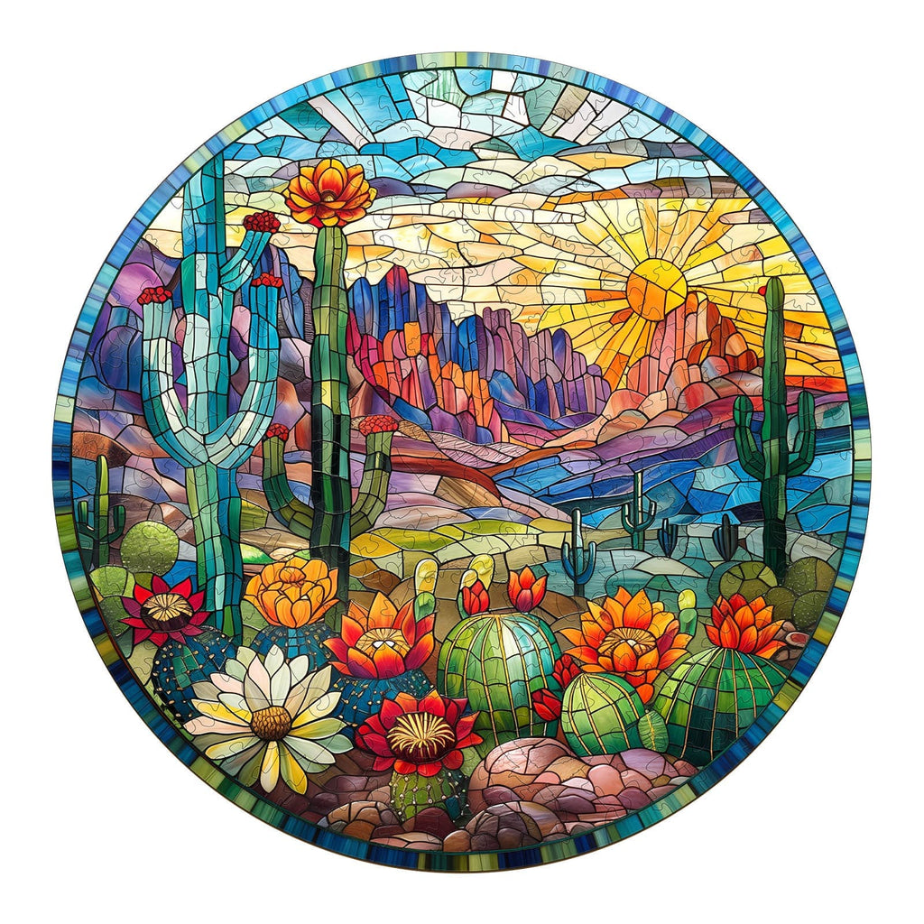 Whimsical Wooden Jigsaw Puzzle-Stained Glass Cactus