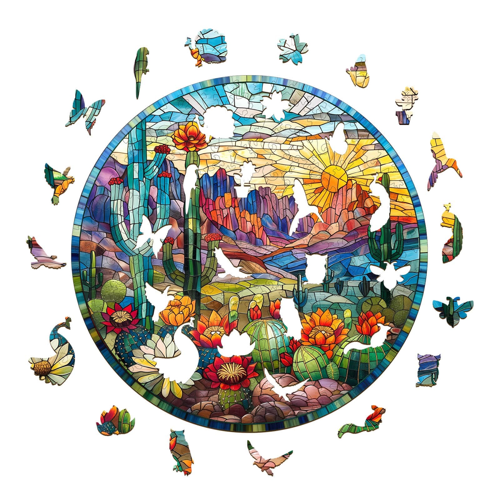 Whimsical Wooden Jigsaw Puzzle-Stained Glass Cactus