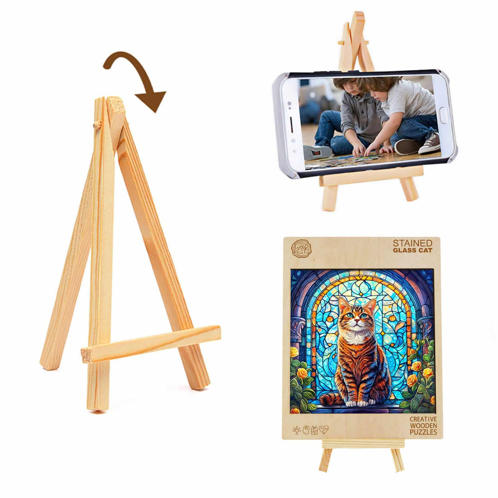 Whimsical Wooden Jigsaw Puzzle-Stained Glass cat