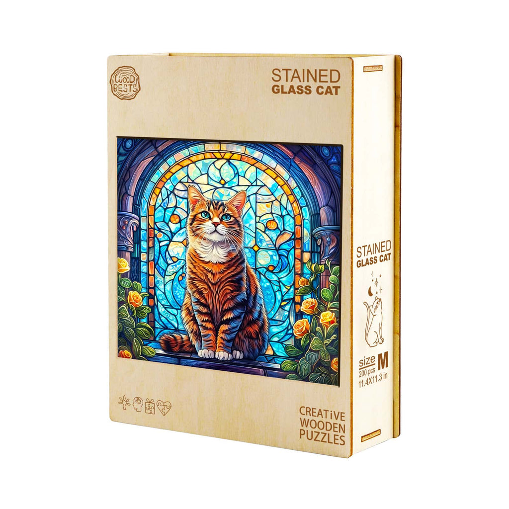 Whimsical Wooden Jigsaw Puzzle-Stained Glass cat