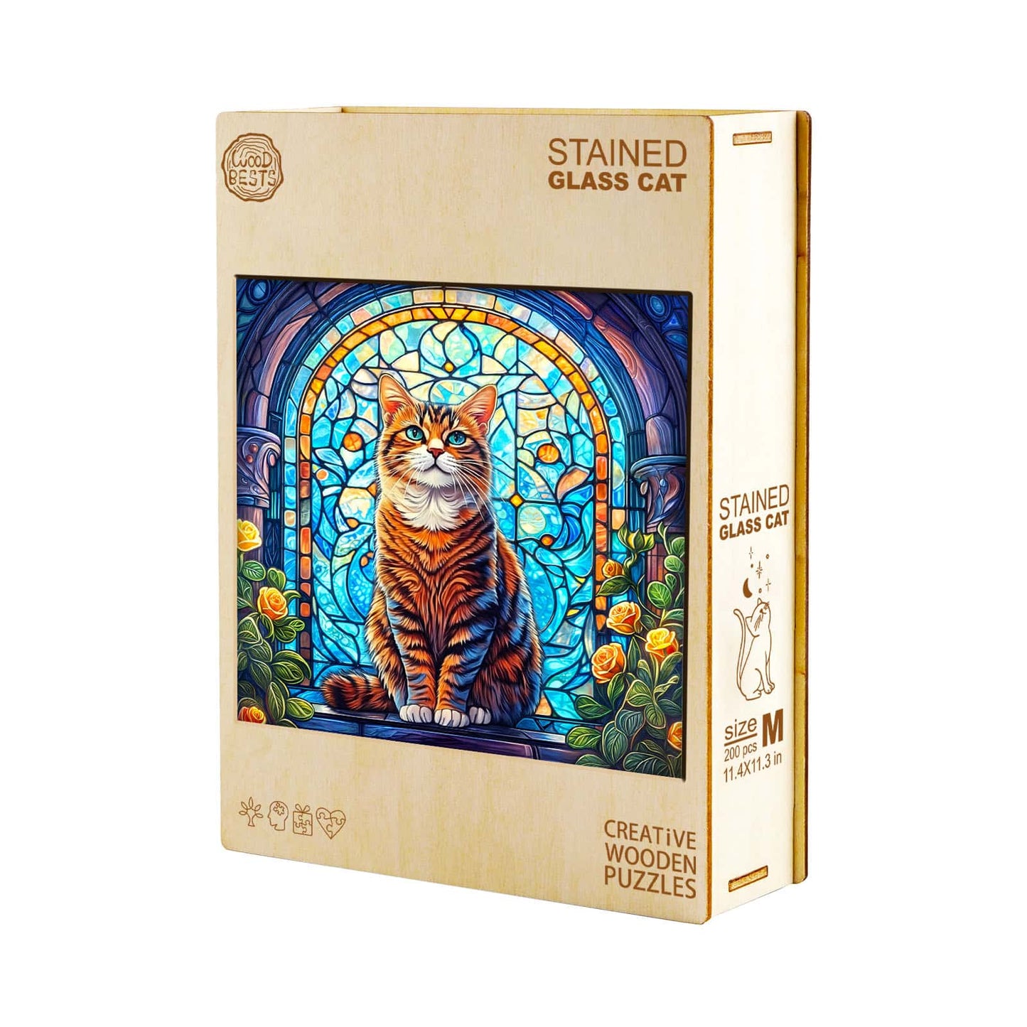 Launisches Holzpuzzle – Buntglas Katze