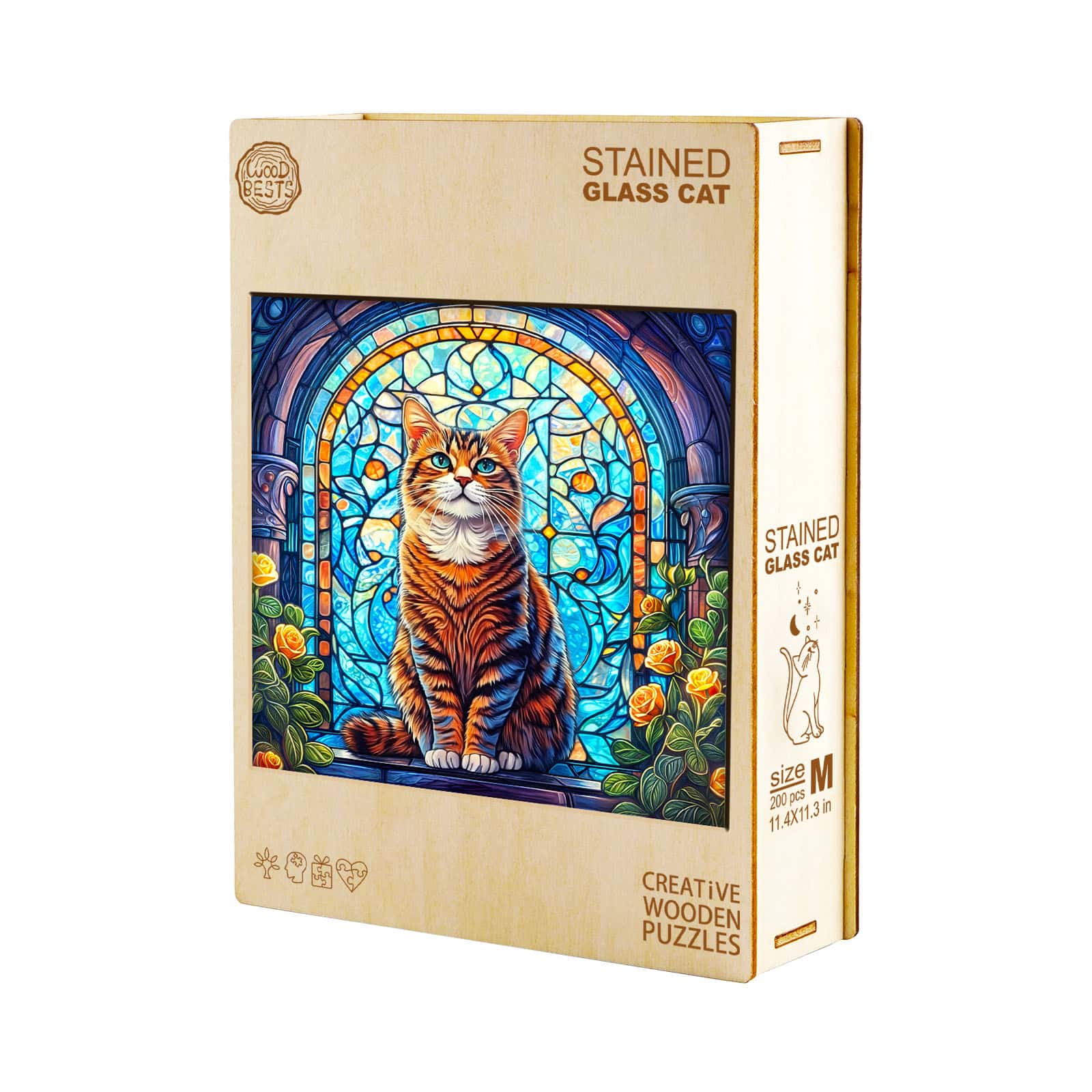 Whimsical Wooden Jigsaw Puzzle-Stained Glass cat