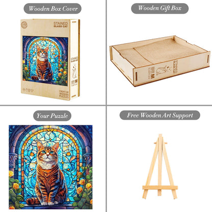 Launisches Holzpuzzle – Buntglas Katze
