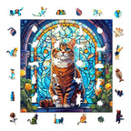 Whimsical Wooden Jigsaw Puzzle-Stained Glass cat
