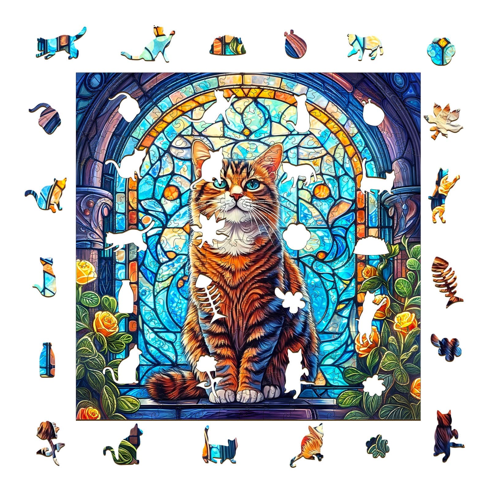 Whimsical Wooden Jigsaw Puzzle-Stained Glass cat