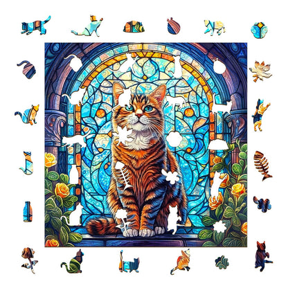 Launisches Holzpuzzle – Buntglas Katze