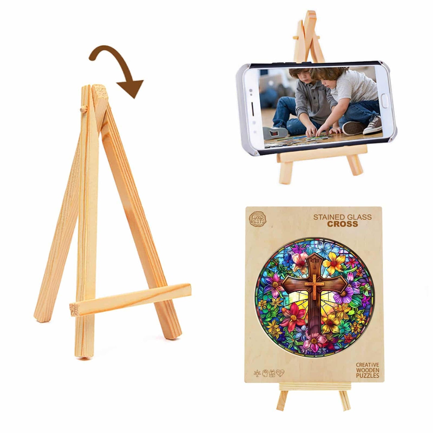 Whimsical Wooden Jigsaw Puzzle - Stained Glass Cross - pickApuzzle