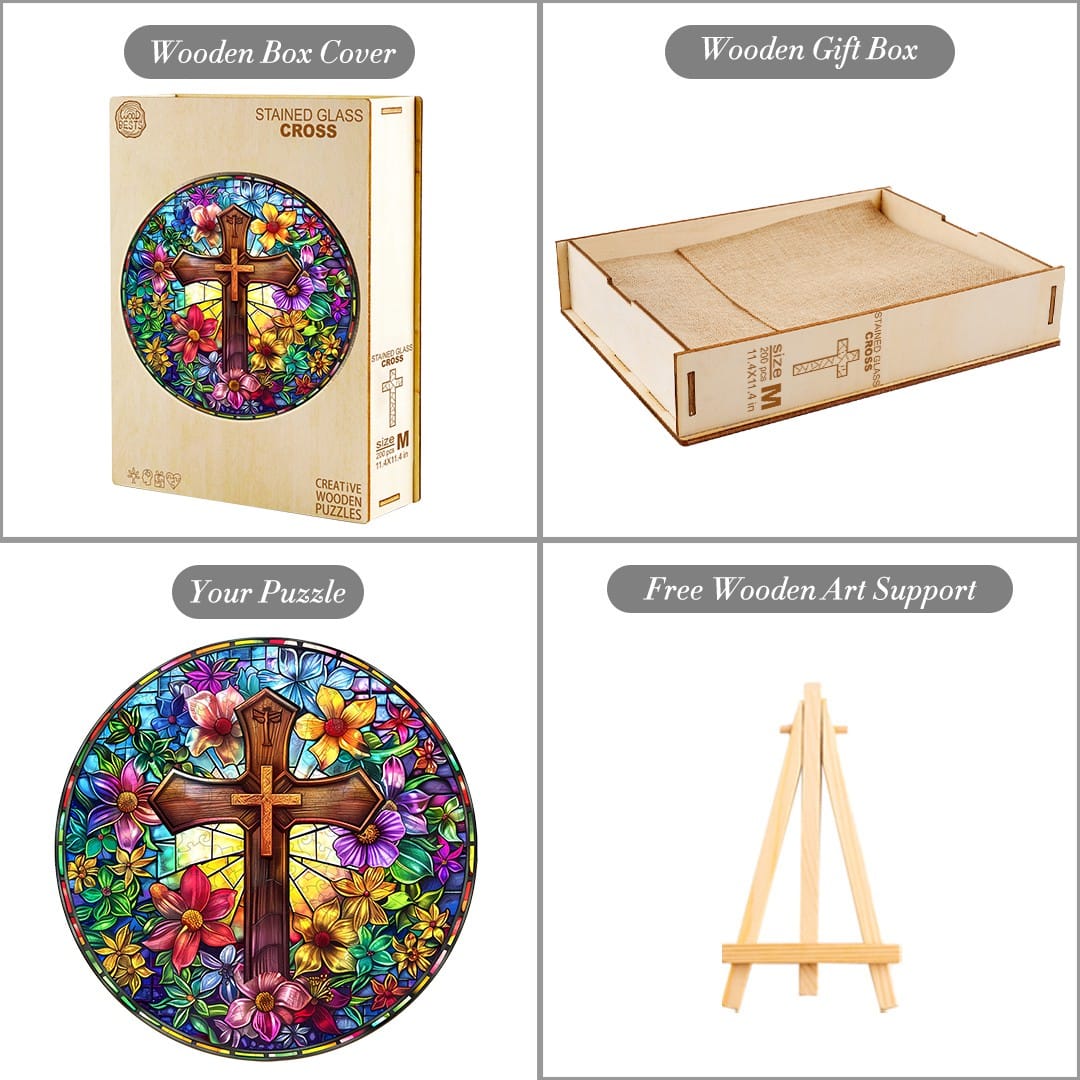 Whimsical Wooden Jigsaw Puzzle - Stained Glass Cross - pickApuzzle