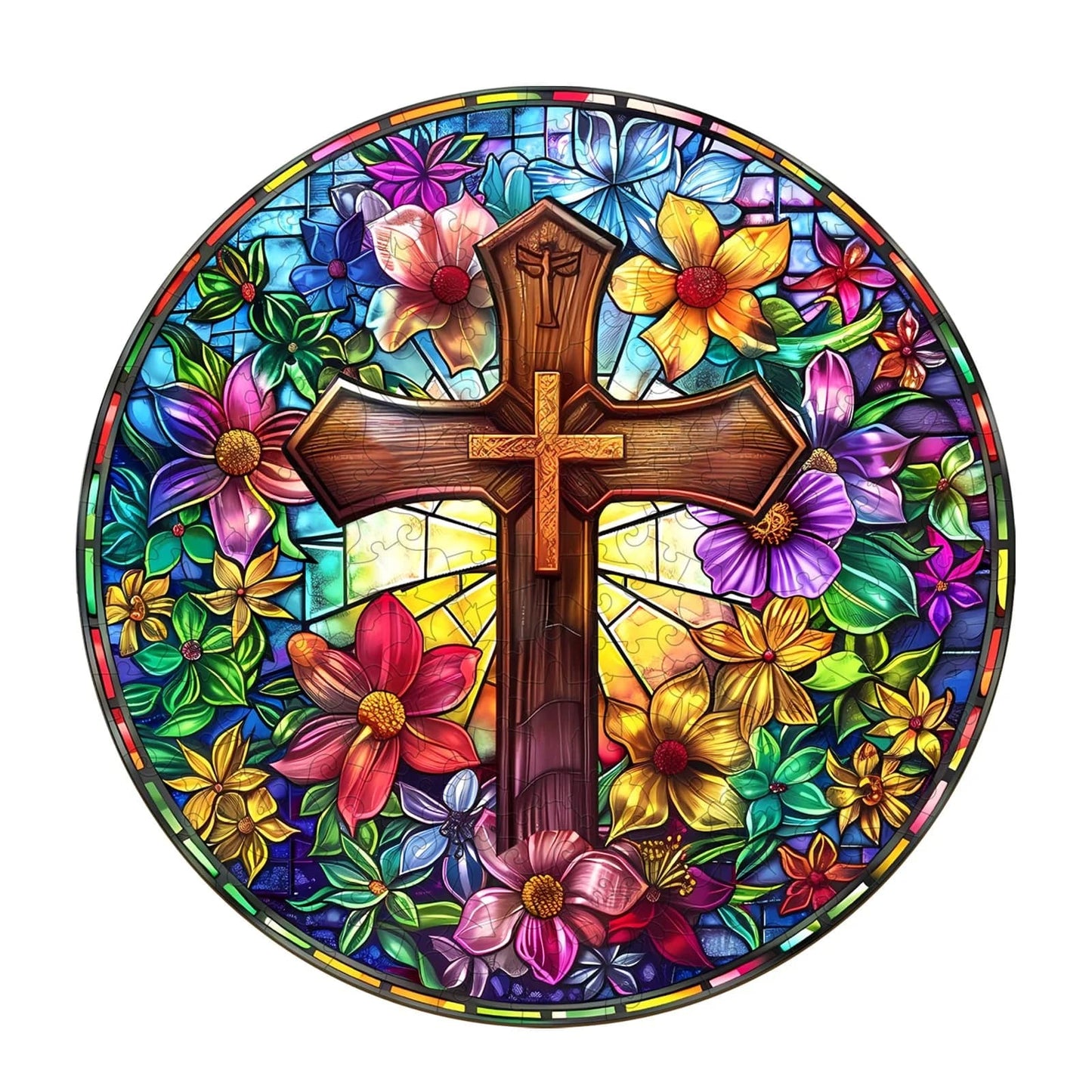 Skurriles Holz-Puzzle - Buntglas-Kreuz