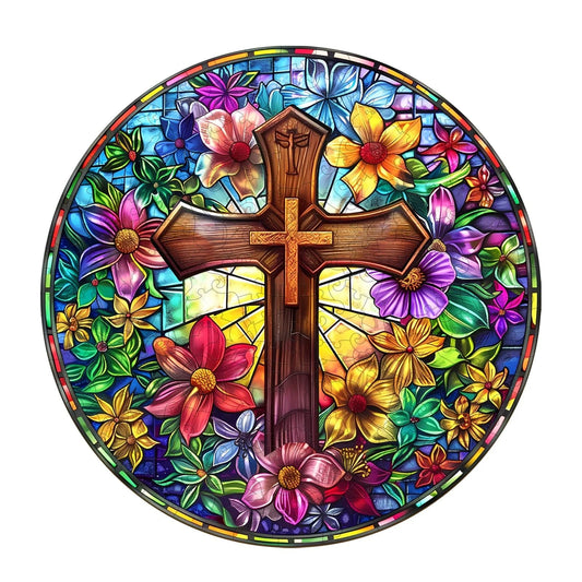 Whimsical Wooden Jigsaw Puzzle- Stained Glass Cross