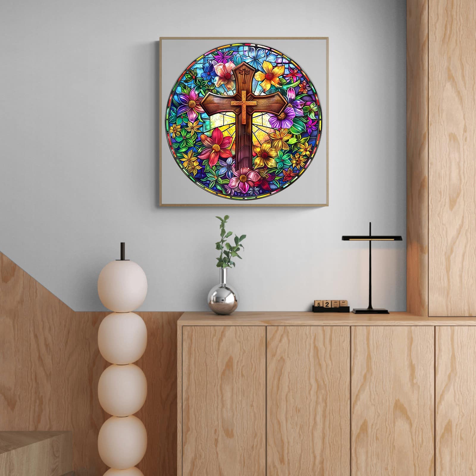 Whimsical Wooden Jigsaw Puzzle - Stained Glass Cross - pickApuzzle