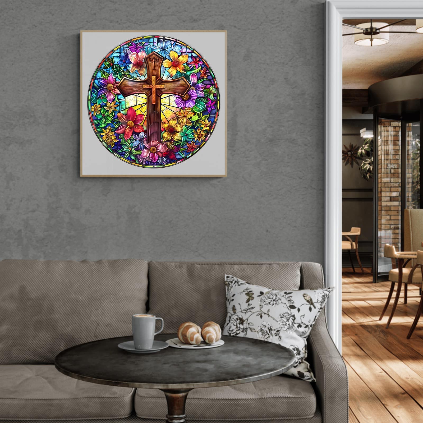 Whimsical Wooden Jigsaw Puzzle - Stained Glass Cross - pickApuzzle