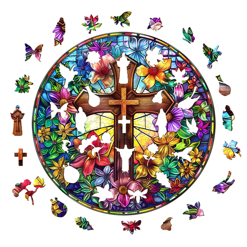 Whimsical Wooden Jigsaw Puzzle - Stained Glass Cross - pickApuzzle
