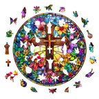 Whimsical Wooden Jigsaw Puzzle - Stained Glass Cross - pickApuzzle