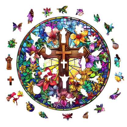 Whimsical Wooden Jigsaw Puzzle - Stained Glass Cross - pickApuzzle