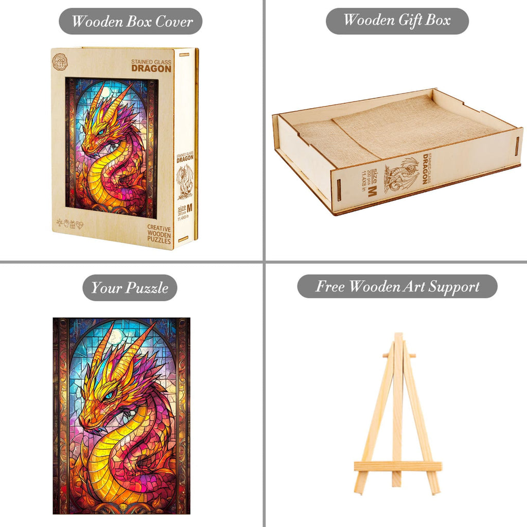 Whimsical Wooden Jigsaw Puzzle-Stained glass dragon