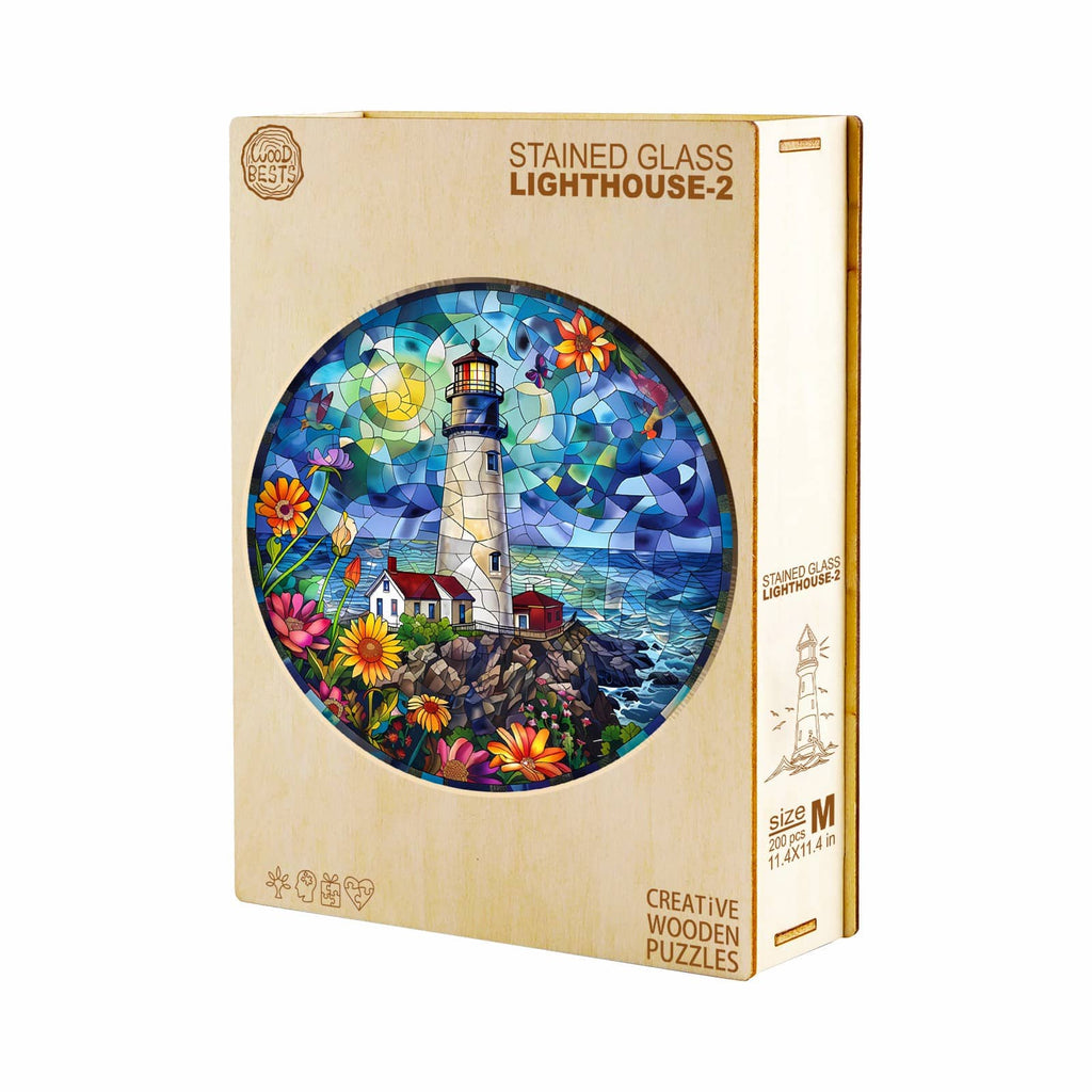 Whimsical Wooden Jigsaw Puzzle-Stained Glass Lighthouse 2